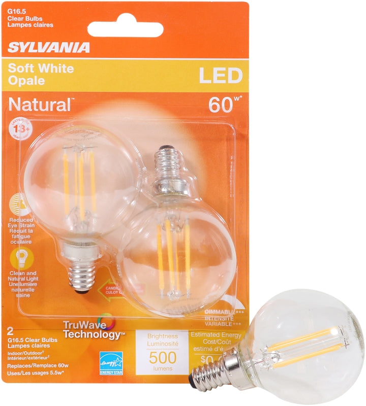 Sylvania 40852 Decorative LED Bulb, G16.5 Lamp, 60 W Equivalent, E12 Lamp Base, Dimmable, Clear, Soft White
