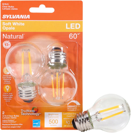 Sylvania 40850 Natural LED Bulb, Globe, G16.5 Lamp, 60 W Equivalent, E26 Lamp Base, Dimmable, Clear, Soft White Light