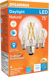 Sylvania 40803 LED Bulb, General-Purpose, A19 Lamp, 75 W Equivalent, E26 Medium Lamp Base, Dimmable, Clear, Daylight