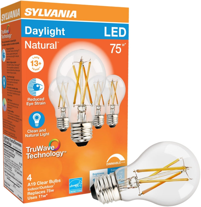 Sylvania 40803 LED Bulb, General-Purpose, A19 Lamp, 75 W Equivalent, E26 Medium Lamp Base, Dimmable, Clear, Daylight