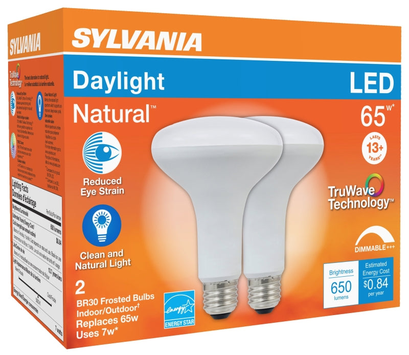 Sylvania 40730 Natural LED Bulb, Spotlight, BR30 Lamp, 65 W Equivalent, E26 Lamp Base, Dimmable, Frosted, Daylight Light