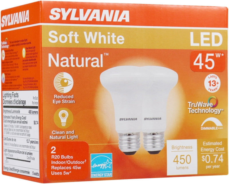 Sylvania Natural Series 40788 LED Bulb, Spotlight, R20 Lamp, 45 W Equivalent, E26 Medium Lamp Base, Dimmable, Frosted