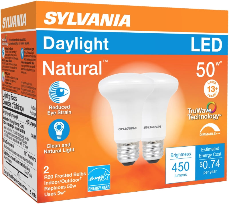 Sylvania Natural Series 40790 LED Bulb, Spotlight, R20 Lamp, 45 W Equivalent, E26 Medium Lamp Base, Dimmable, Frosted
