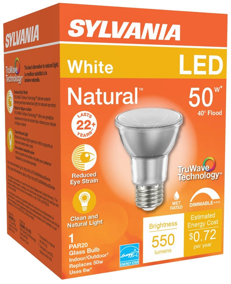 Sylvania 40920 Natural LED Bulb, Spotlight, PAR20 Lamp, 50 W Equivalent, E26 Lamp Base, Dimmable, Silver