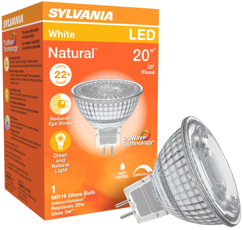 Sylvania 40924 Natural LED Bulb, Track/Recessed, MR16 Lamp, G5.3 Lamp Base, Dimmable, Cool White Light