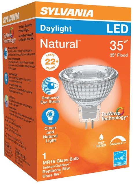 Sylvania 40929 Natural LED Bulb, Recessed/Track, MR16 Lamp, 35 W Equivalent, G5.3 Lamp Base, Dimmable, Silver