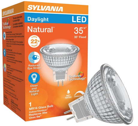 Sylvania 40929 Natural LED Bulb, Recessed/Track, MR16 Lamp, 35 W Equivalent, G5.3 Lamp Base, Dimmable, Silver