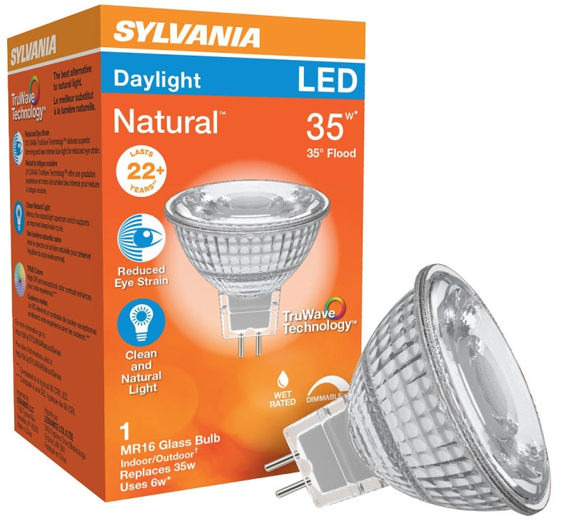 Sylvania 40929 Natural LED Bulb, Track/Recessed, MR16 Lamp, G5.3 Lamp Base, Dimmable, Daylight Light, 5000 K Color Temp