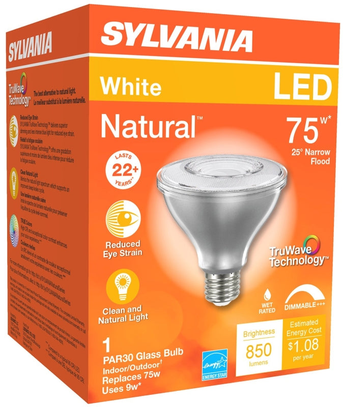 Sylvania 40914 Natural LED Bulb, Spotlight, 850 Lumens, 10 W, PAR30 Lamp, E26 Lamp Base, Dimmable, Clear, Cool White