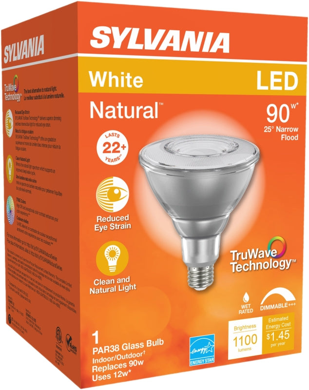 Sylvania 40899 Natural LED Bulb, Spotlight, 1100 Lumens, 13 W, PAR38 Lamp, E26 Lamp Base, Dimmable, Clear, Cool White