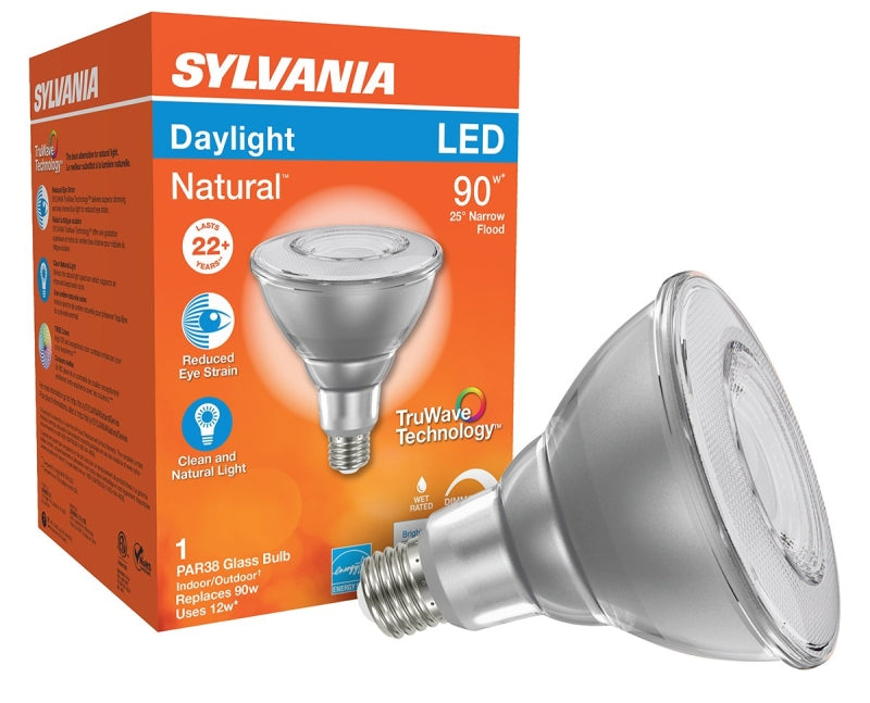Sylvania 40900 Natural LED Bulb, Spotlight, 1100 Lumens, 13 W, PAR38 Lamp, E26 Lamp Base, Dimmable, Clear, Daylight