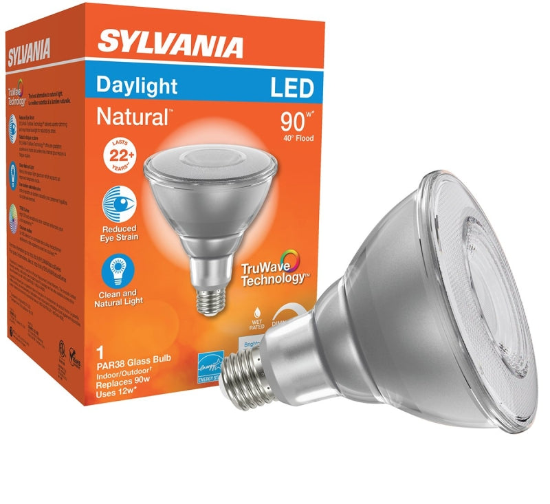 Sylvania Natural Series 40902 LED Bulb, PAR38 Lamp, E26 Medium Lamp Base, Dimmable, Daylight, 5000 K Color Temp
