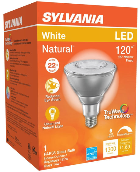 Sylvania 40903 Natural LED Bulb, Spotlight, 1250 Lumens, 15.5 W, PAR38 Lamp, E26 Lamp Base, Dimmable, Clear, Cool White