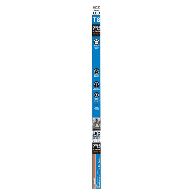 Sylvania 41096 LED Bulb, Linear, Type A Replacement, 1800 Lumens, 15 W, T8 Lamp, G13 Medium Bi-Pin Lamp Base, Frosted