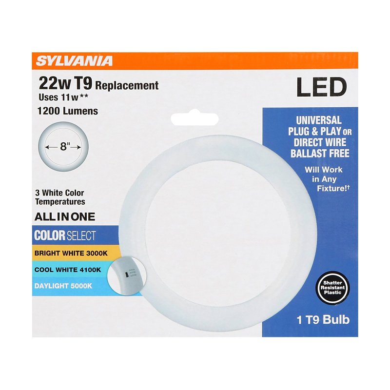 Sylvania 41207 LED Bulb, Circline, T9 Lamp, 22 W Equivalent, G10Q 4-Pin Lamp Base, 3000, 4100, 5000 K Color Temp