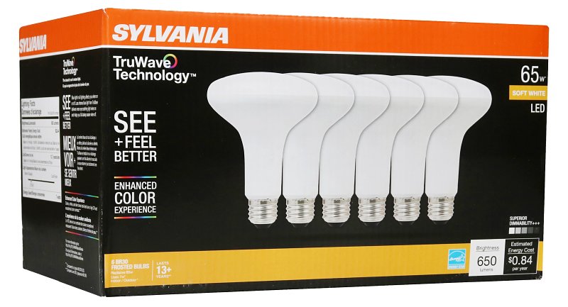 Sylvania Natural Series 41328 LED Bulb, BR30 Lamp, 65 W Equivalent, E26 Medium Lamp Base, Dimmable, Frosted, Soft White