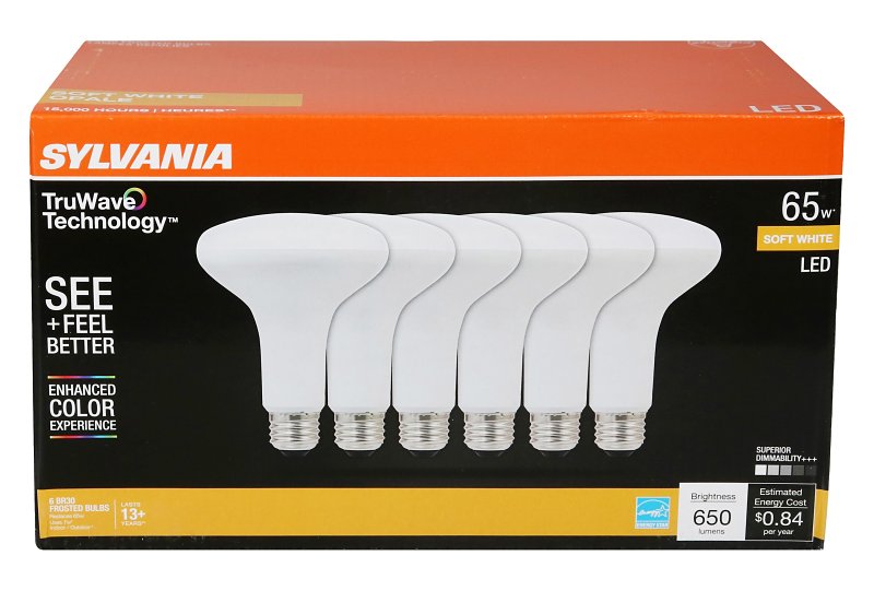 Sylvania Natural Series 41328 LED Bulb, BR30 Lamp, 65 W Equivalent, E26 Medium Lamp Base, Dimmable, Frosted, Soft White