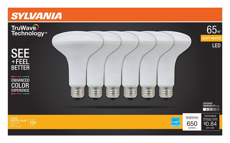 Sylvania Natural Series 41328 LED Bulb, BR30 Lamp, 65 W Equivalent, E26 Medium Lamp Base, Dimmable, Frosted, Soft White