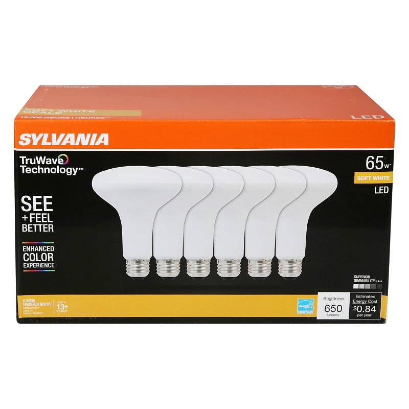 Sylvania Natural Series 41328 LED Bulb, BR30 Lamp, 65 W Equivalent, E26 Medium Lamp Base, Dimmable, Frosted, Soft White