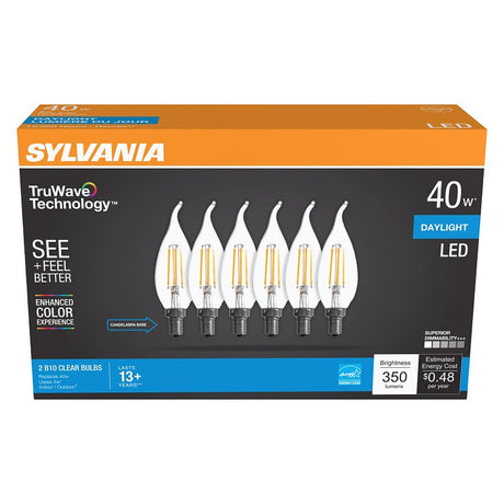Sylvania Natural Series 41320 LED Bulb, Decorative, B10 Bent Tip Lamp, 40 W Equivalent, E12 Candelabra Lamp Base, Clear