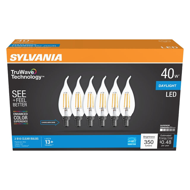 Sylvania Natural Series 41320 LED Bulb, Decorative, B10 Bent Tip Lamp, 40 W Equivalent, E12 Candelabra Lamp Base, Clear