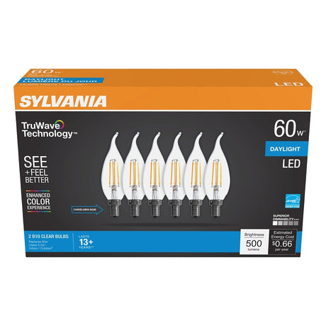 Sylvania Natural Series 41322 LED Bulb, Decorative, B10 Bent Tip Lamp, 60 W Equivalent, E12 Candelabra Lamp Base, Clear