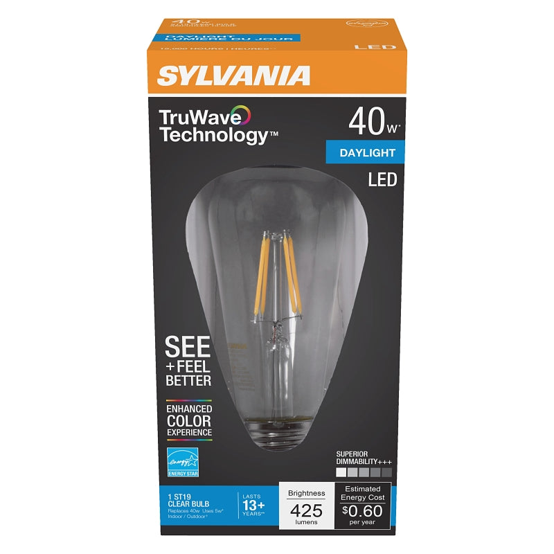 Sylvania Natural 41330 LED Bulb, ST19 Lamp, 40 W Equivalent, E26 Medium Lamp Base, Dimmable, Clear, Daylight Light