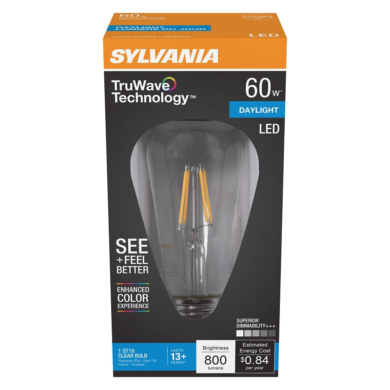Sylvania Natural 41331 LED Bulb, ST19 Lamp, 60 W Equivalent, E26 Medium Lamp Base, Dimmable, Clear, Daylight Light