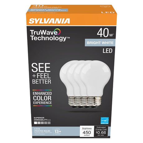 Sylvania 41296 LED Bulb, General-Purpose, Omni-Directional, A19 Lamp, 40 W Equivalent, E26 Medium Lamp Base, Dimmable
