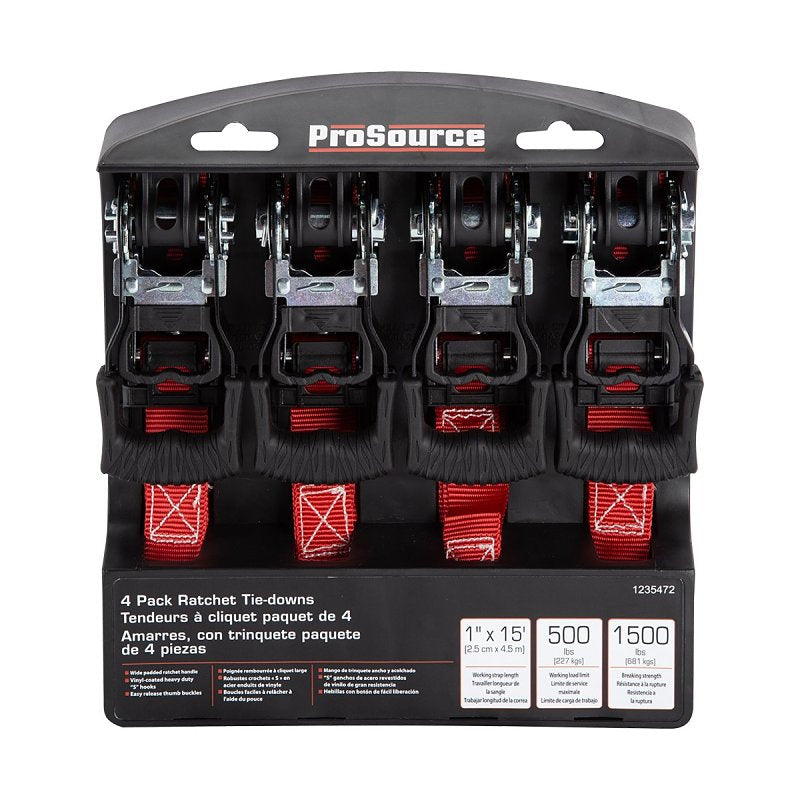 ProSource FH64069 Tie-Down, 1 in W, 15 ft L, Metal/Polyester, Red, 500 lb, S-Hook End Fitting, Steel End Fitting