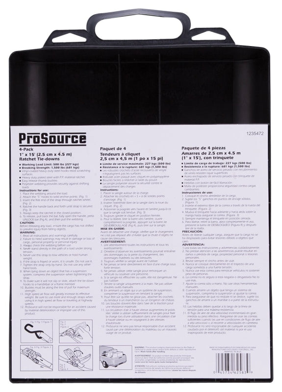 ProSource FH64069 Tie-Down, 1 in W, 15 ft L, Polyester Webbing, Metal Ratchet, Red, 500 lb, S-Hook End Fitting