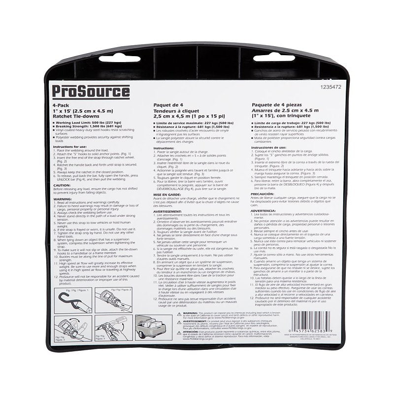 ProSource FH64069 Tie-Down, 1 in W, 15 ft L, Metal/Polyester, Red, 500 lb, S-Hook End Fitting, Steel End Fitting