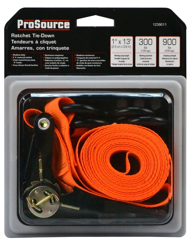 ProSource FH64070 Tie-Down, 1 in W, 13 ft L, Polyester Webbing, Metal Ratchet, Orange, 300 lb, S-Hook End Fitting