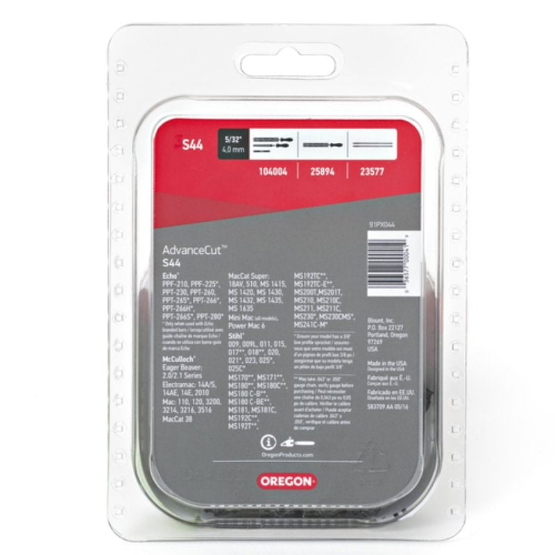 Oregon S44 Chainsaw Chain, 12 in L Bar, 0.05 in, 3/8 in TPI/Pitch, 44-Link