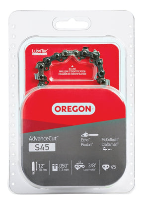 Oregon S45 Chainsaw Chain, 12 in L Bar, 0.05 in, 3/8 in TPI/Pitch, 45-Link