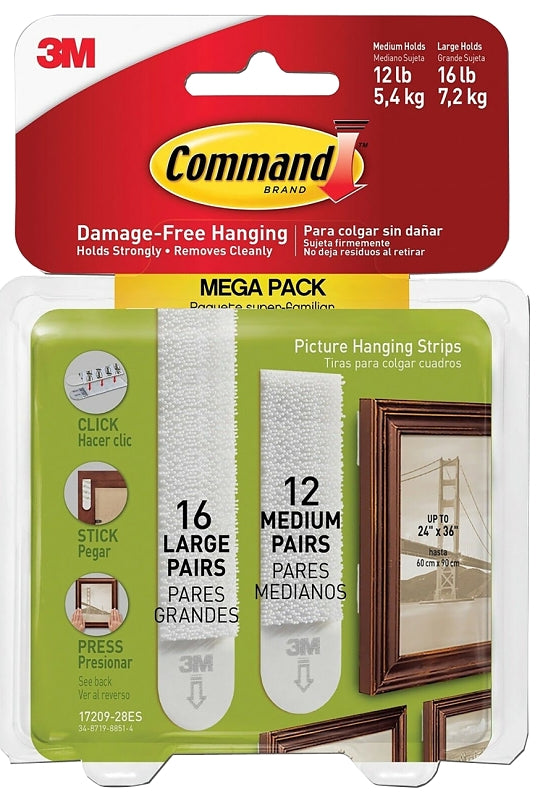 Command 17209-28ES Medium and Large Picture Hanging Strip, 12, 16 lb, Plastic, White