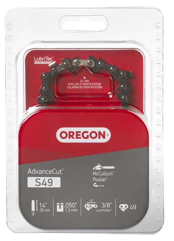 Oregon S49 Chainsaw Chain, 14 in L Bar, 0.05 in, 3/8 in TPI/Pitch, 49-Link