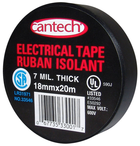 Cantech 330-01 Electrical Tape, 20 m L, 18 mm W, PVC Backing, Black, Pack of 6