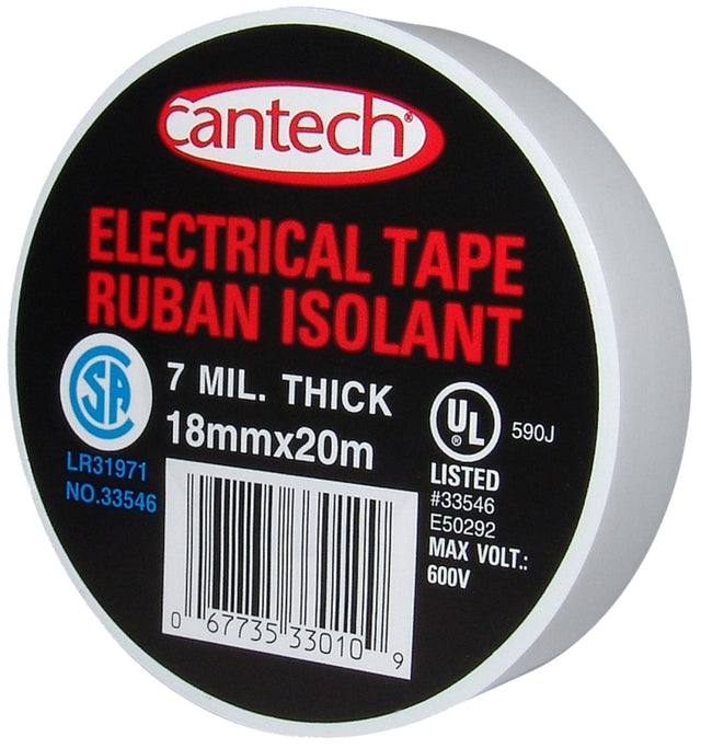 Cantech 330-10 Electrical Tape, 20 m L, 18 mm W, PVC Backing, White, Pack of 6