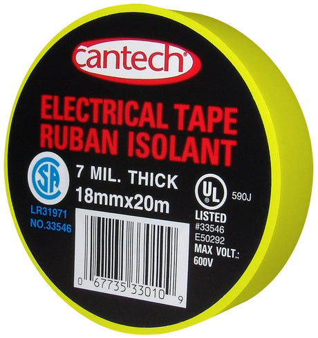 Cantech 330-05 Electrical Tape, 20 m L, 18 mm W, PVC Backing, Yellow, Pack of 6