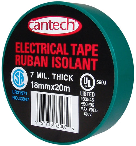 Cantech 330-07 Electrical Tape, 20 m L, 18 mm W, PVC Backing, Green, Pack of 6