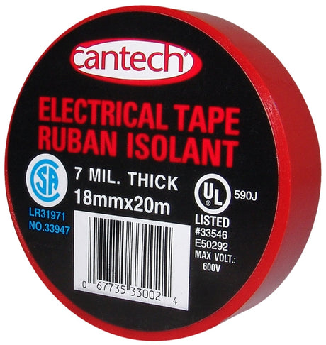 Cantech 330-02 Electrical Tape, 20 m L, 18 mm W, PVC Backing, Red, Pack of 6