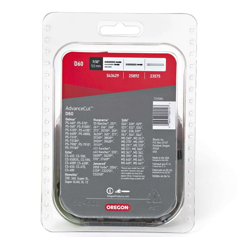 Oregon D60 Chainsaw Chain, 16 in L Bar, 0.05 in, 3/8 in TPI/Pitch, 60-Link