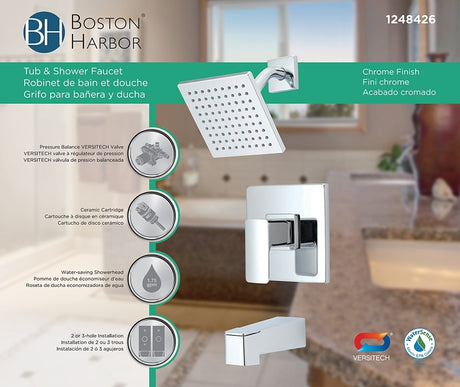 Boston Harbor F12A0006CP Faucet Tub-Shower, Fixed-Mount Showerhead, 1.75 gpm Showerhead, 1-Spray Setting, 2, 3-Handle