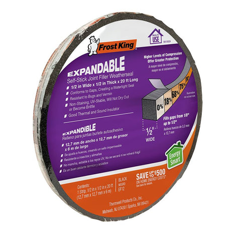 Frost King EF12 Expandable Foam Weather Seal, 1/2 in W, 20 ft L, 1/2 in Thick, Black
