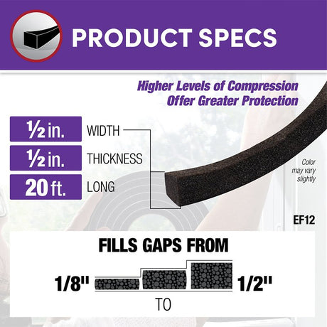Frost King EF12 Expandable Foam Weather Seal, 1/2 in W, 20 ft L, 1/2 in Thick, Black