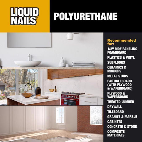 Liquid Nails Polyurethane Polyurethane Construction Adhesive 10 oz, Pack of 12