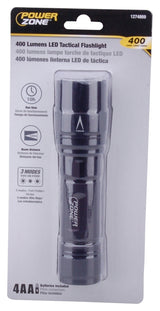 PowerZone 12083 Tactical Flashlight, AA Battery, LED Lamp, 400 Lumens, 120 m Beam Distance, 10 hrs Run Time, Black