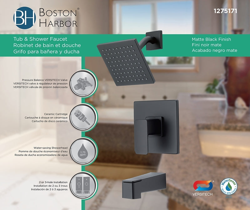 Boston Harbor F12A0006BL Faucet Tub-Shower, Fixed-Mount Showerhead, 1.75 gpm Showerhead, 1-Spray Setting, 2, 3-Handle