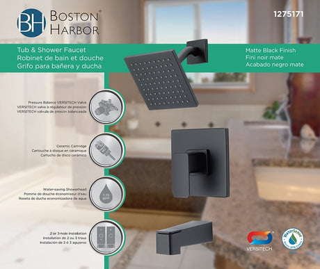 Boston Harbor F12A0006BL Faucet Tub-Shower, Fixed-Mount Showerhead, 1.75 gpm Showerhead, 1-Spray Setting, 2, 3-Handle